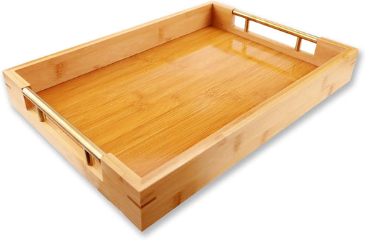 Bamboo Wood Serving Tray with Gold Polished Metal Handles, Decorative Tray Platter Coffee Table Tray Rectangular Wooden