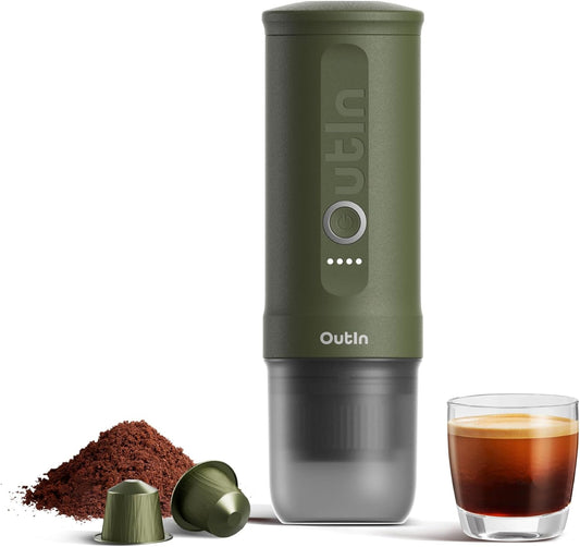 OutIn Nano Portable Electric Espresso Machine, Travel Coffee Maker | Self-Heating USB-C Car Coffee Maker for Ground Coffee &amp; NS Capsules, Ideal for Camping, RV, Hiking and Office, Forest Green