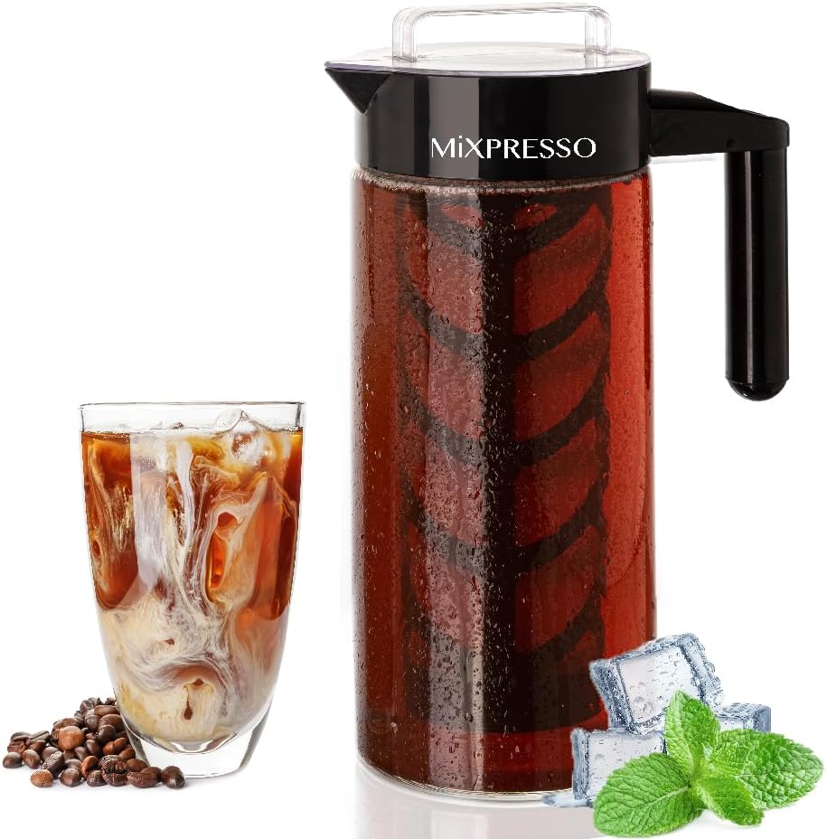 Mixpresso Cold Brew Coffee Maker, 44 Oz Glass Cold Brew Pitcher with Filter | Iced Coffee &amp; Tea Maker with Reusable Mesh Filter, Glass Pitcher for Loose Leaf Tea Easy to Clean and Designed for the Fridge