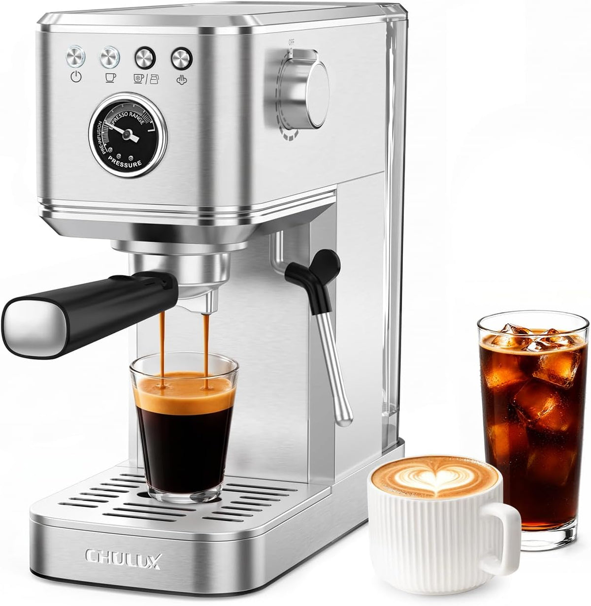 CHULUX Elite Espresso Machine for Latte, Americano and Iced Coffee, Silver