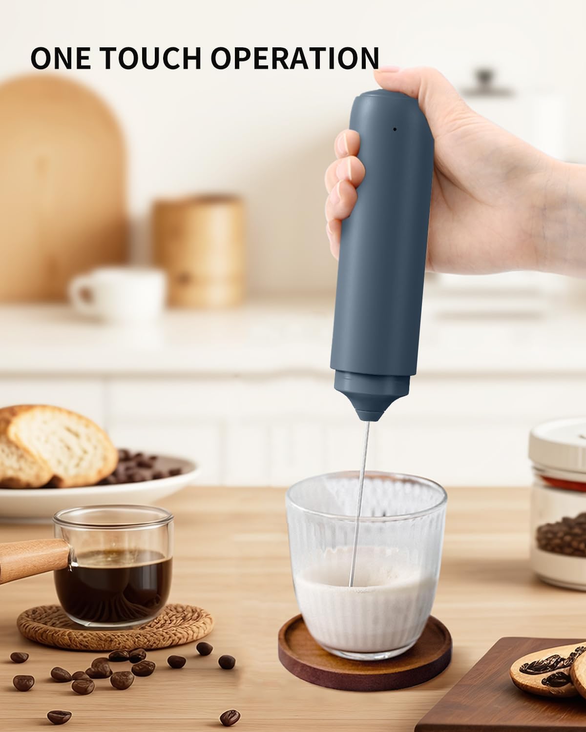 CIRCLE JOY Rechargeable Milk Frother Hanheld, Dual Ring Electric Coffee Frother, Portable Hand Frother Wand Drink Mixer for Matcha Lattes Cappuccino, Kitchen Gifts, Blue
