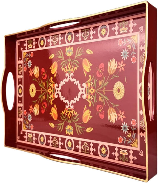Boho Red Decorative Tray, Serving Tray with 4 Handles, Plastic Tray for Coffee Table, Ottoman - Ideal for Living Room &