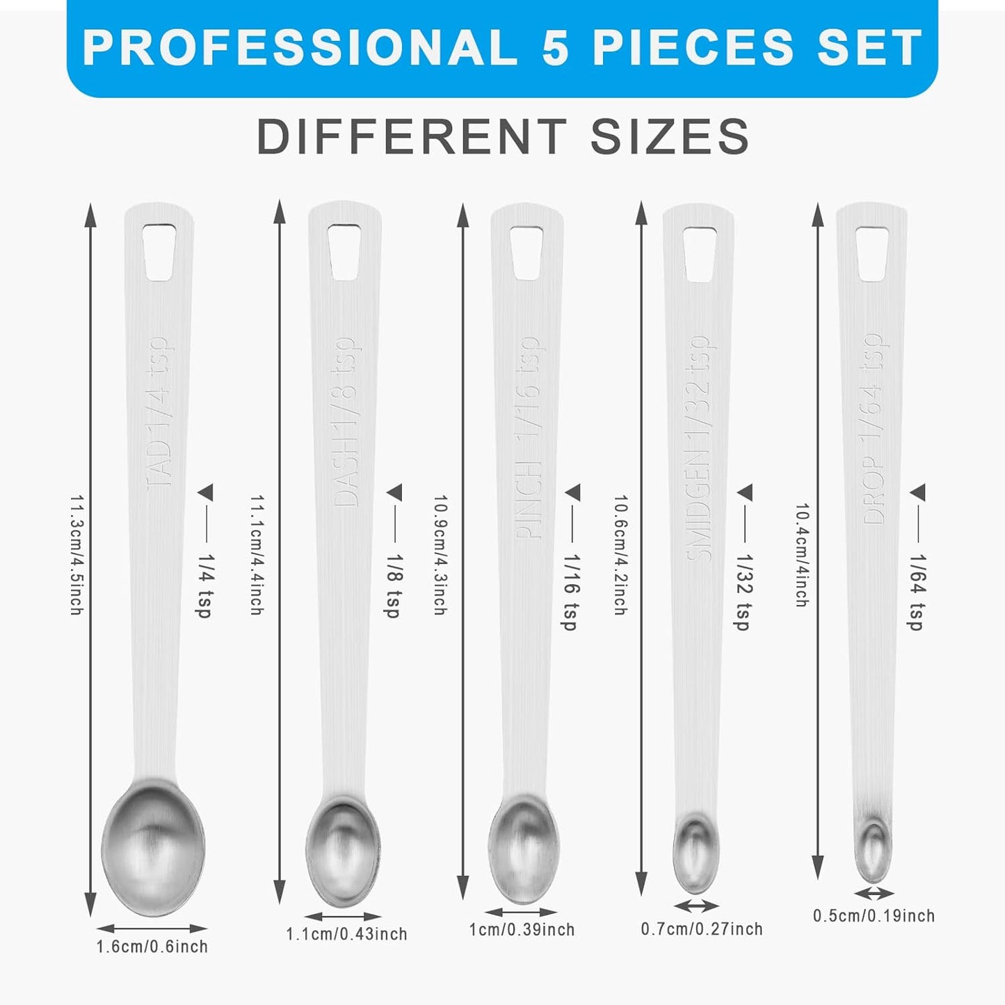 5pcs Mini Measuring Spoon Set, Heavy Duty Stainless Steel | Cooking Baking, Tablespoon Teaspoon for Dry or Liquid Ingredients, Fits in Spice Jar, 1/64 1/32 1/16 1/8 1/4 tsp
