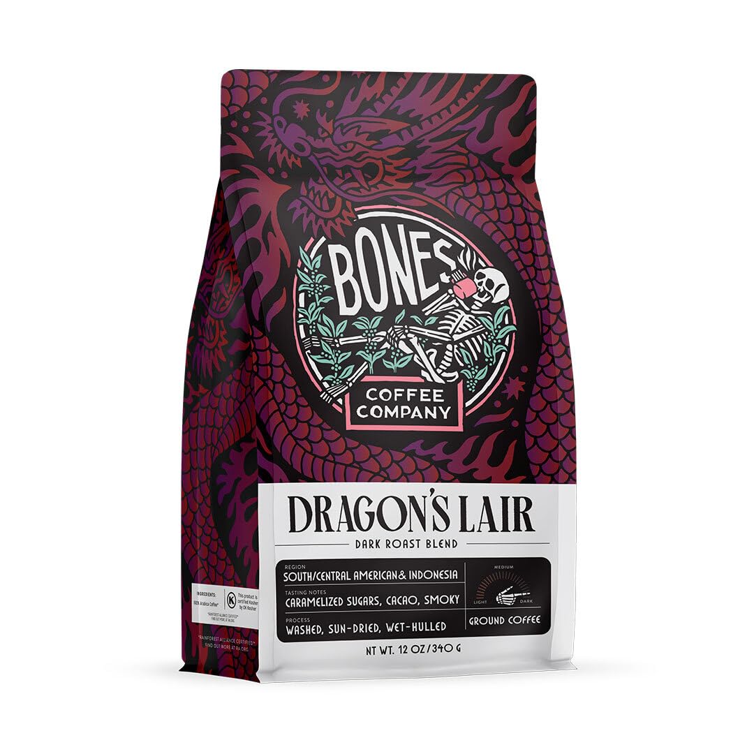 Bones Coffee Company Dragon's Lair - Dark Roast Coffee - Ground - Low-Acid Arabica Coffee Beans - South/Central America and Indonesia Grown - Unflavored - 12 Oz
