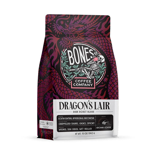 Bones Coffee Company Dragon's Lair - Dark Roast Coffee - Ground - Low-Acid Arabica Coffee Beans - South/Central America and Indonesia Grown - Unflavored - 12 Oz