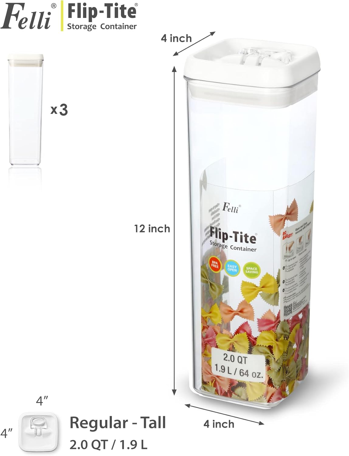 Felli Flip Tite TALL Storage Container with Lid 4" Air Tight Easy Open Ring Top, Clear Acrylic Skinny Canister Jar for Spaghetti Lasagna Fettuccine Noodle, Kitchen Cupboard Pantry Organizer (2.0 qt)