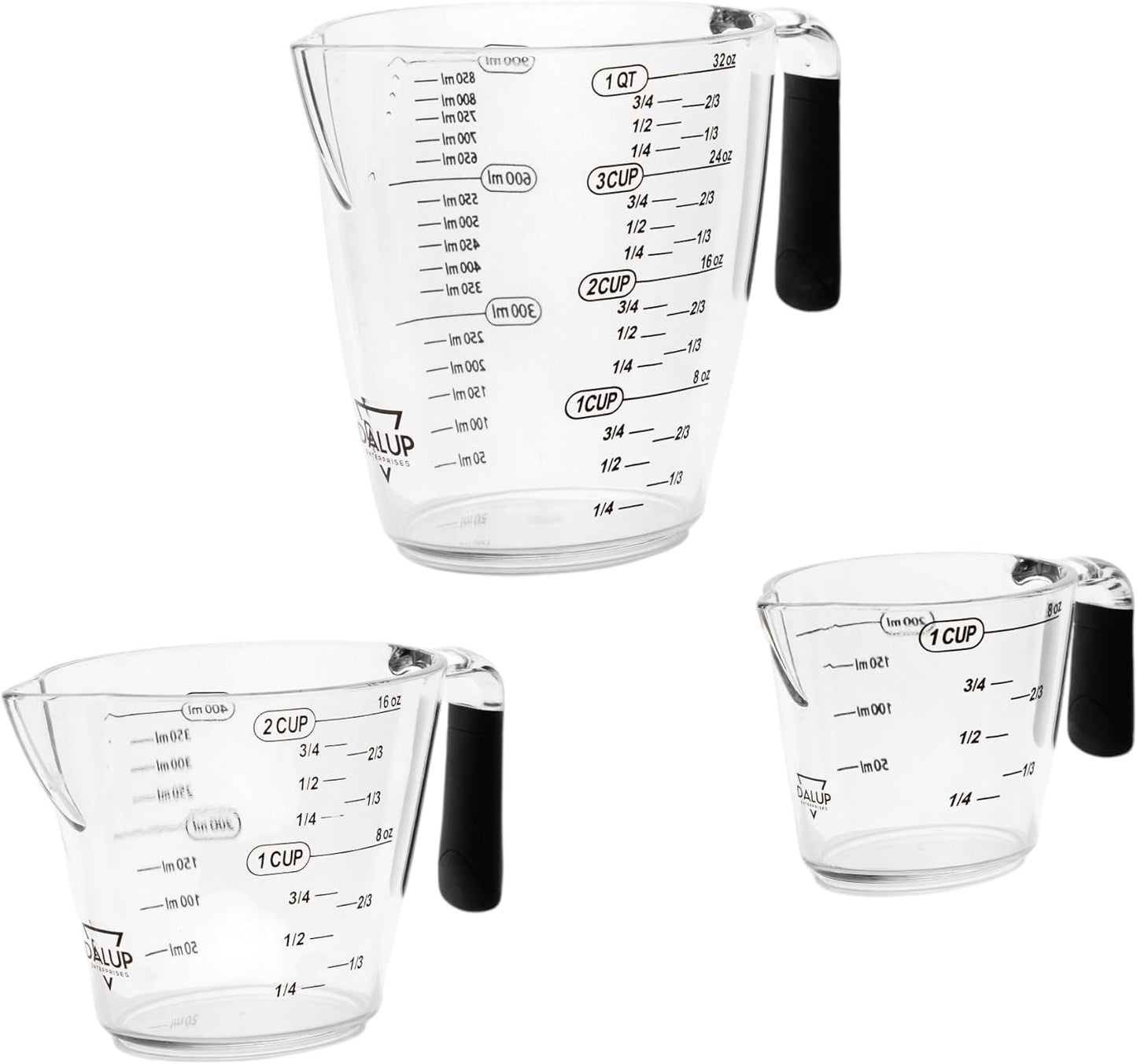 Dalup Measuring Cup Set – Clear Plastic Liquid Measuring Cups (8/16/32 oz) with Spout &amp; Non-Slip Handle | 3-Piece Plastic Measuring Cup Set for Liquids &amp; Dry Ingredients