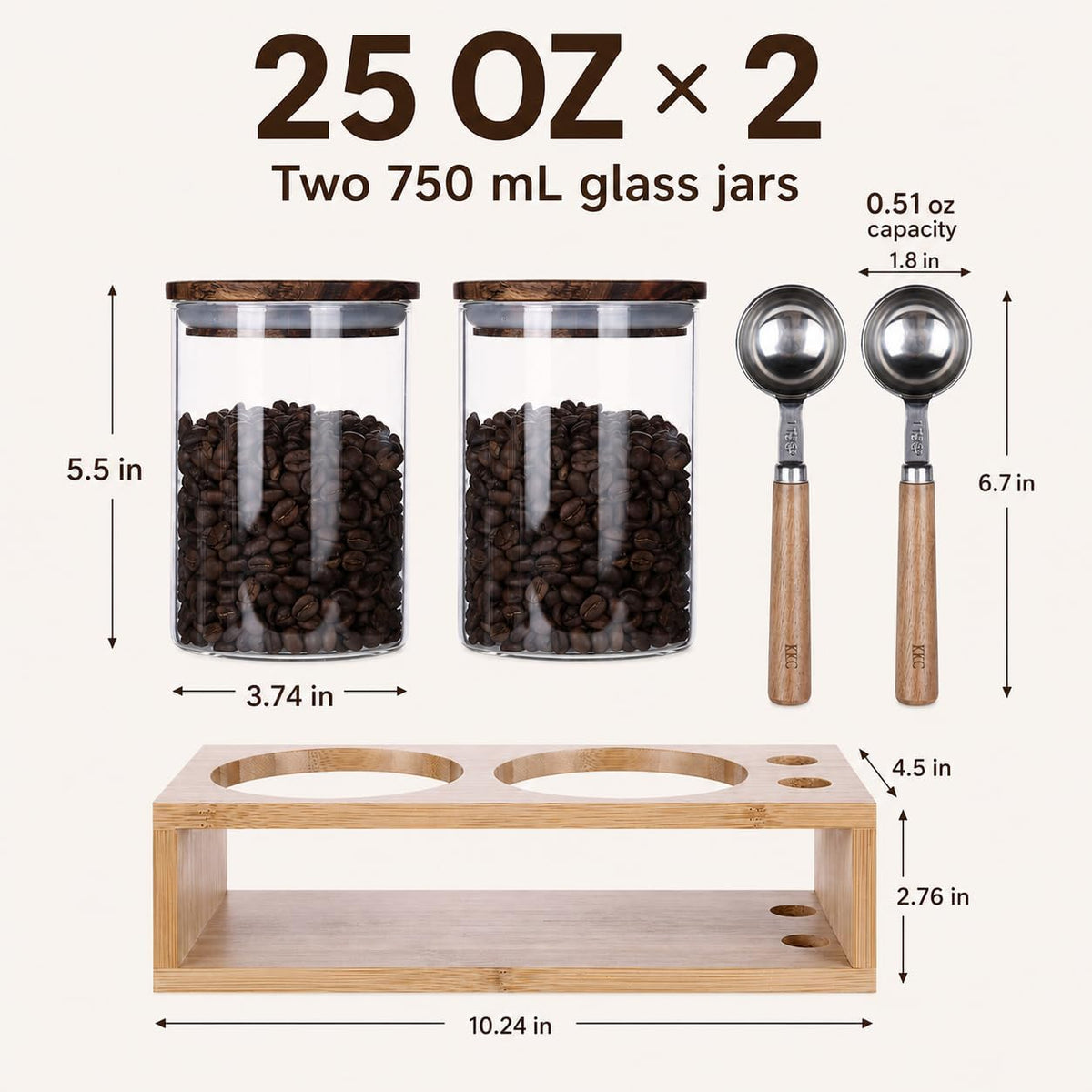 KKC HOME ACCENTS 2 Glass Coffee Canister Set with Bamboo Rack &amp; Scoops-25oz | A complete coffee bar organization set featuring 2 glass jars, airtight lids, wooden-handle scoops, and a bamboo stand.
