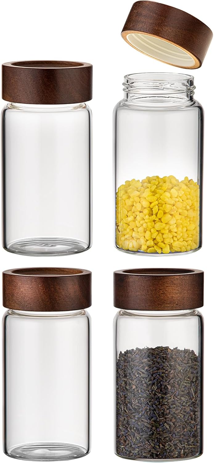 8 oz Small Glass Spice Jars with Airtight Wood Acacia Lid 4 PCS,Clear Coffee Ground Storage Canister Round Glass Spice Jar for Pantry Sugar Tea Bean Nuts Cookies Salts Seasoning