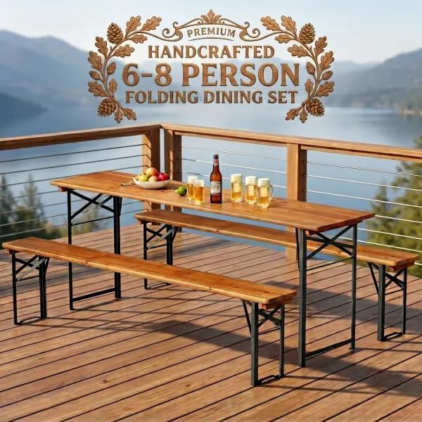 AVAWING 5.8FT 3-Piece Portable Picnic Table Bench Set, 6-8 Person Folding Wooden Dining Table Set，70" Patio Beer Table f