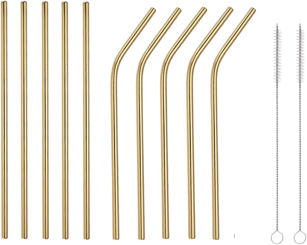 10 Pcs Stainless Steel Straws, Reusable Drinking Straws, 5 Straight + 5 Bent Metal Straws Set With 2 Pcs Cleaning Brushes (Gold, 10.5 Inch)