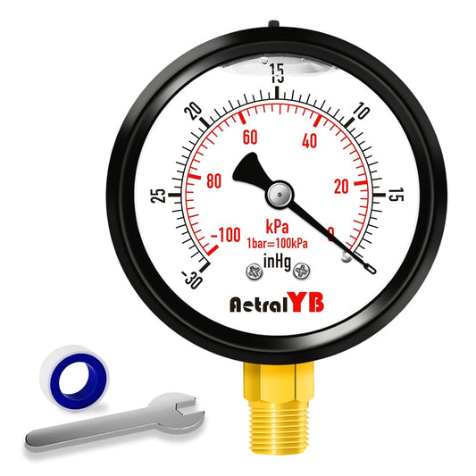 2.5 Inch Vacuum Gauge -30 inHg -100Kpa,304 Stainless Steel Case, Liquid Filled Vacuum Gauge, 2.5" Dial, 1/4" NPT Lower