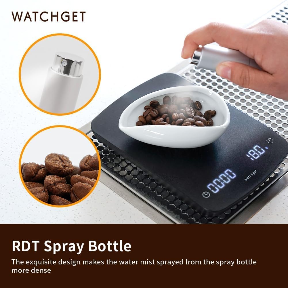 watchget Coffee Bean Dosing Cup &amp; RDT Spray Bottle Kit, White | 10ml Static Reducing Sprayer; Ceramic Single Dose Tray for Coffee &amp; Tea;Espresso Brewing Accessory for Home &amp; Espresso Bars