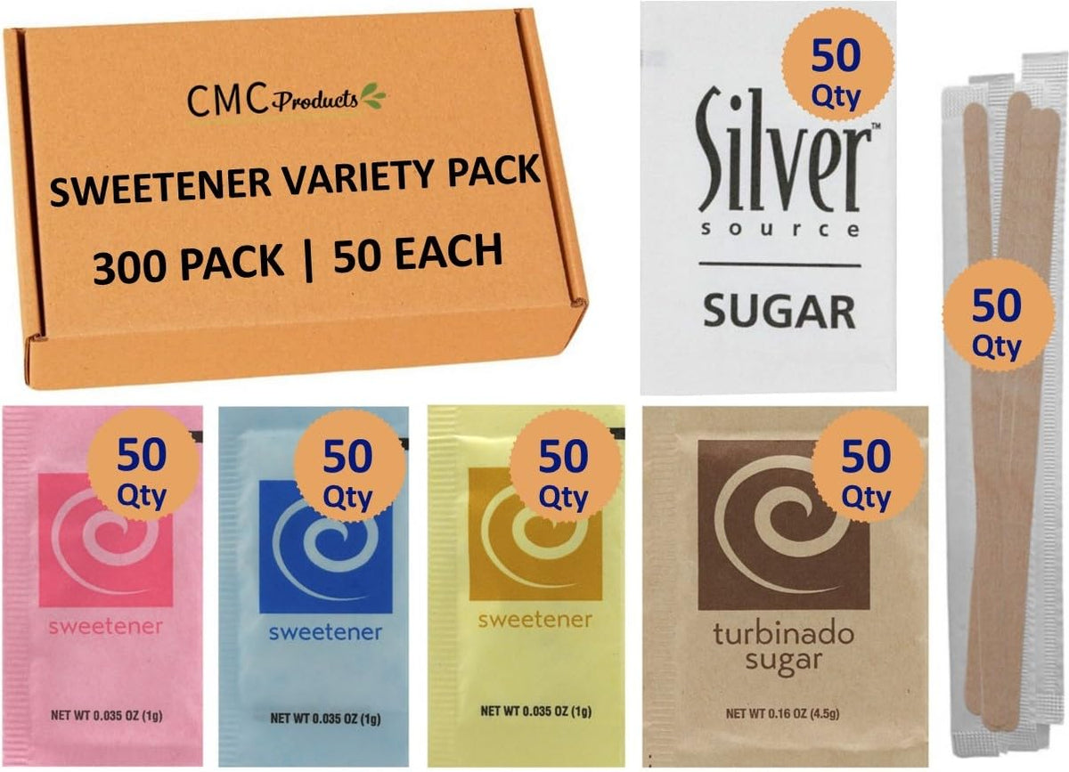 Sweetener Packets Variety Pack | 300 Assortment Count Combo Cane Sugar, Turbinado sugar, Aspartame, Zero-Calorie Sucralose, and Saccharin and Individually Wrapped Coffee Stirrers | 50 packets each – Packaged by CMC Products