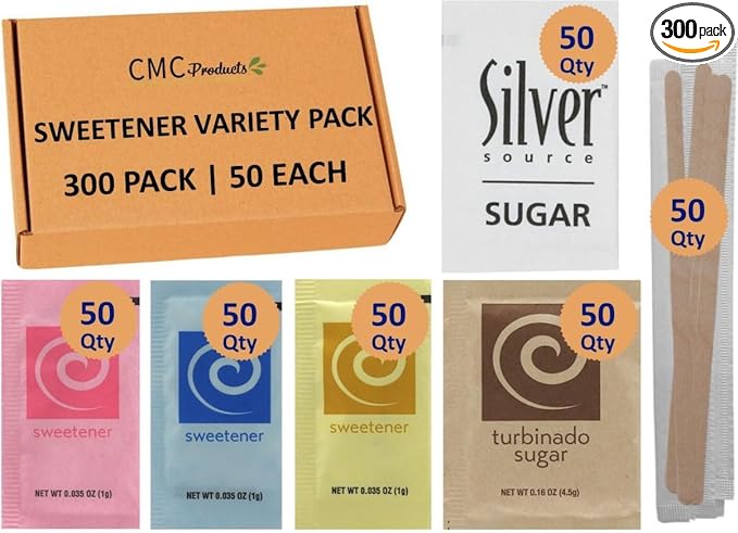 Sweetener Packets Variety Pack | 300 Assortment Count Combo Cane Sugar, Turbinado sugar, Aspartame, Zero-Calorie Sucralose, and Saccharin and Individually Wrapped Coffee Stirrers | 50 packets each – Packaged by CMC Products
