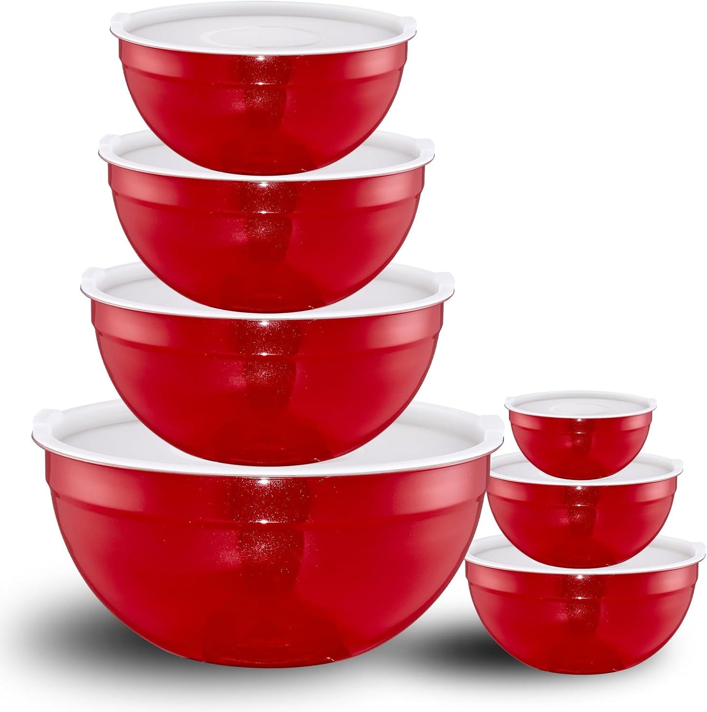 Red Mixing Bowls with Lids Set of 7, Stainless Steel Nesting Bowl with Khaki Lid for Non-slip Mixing