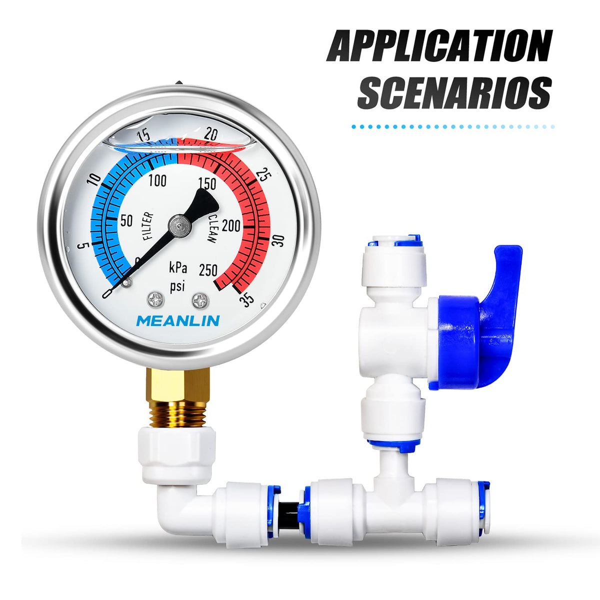 MEANLIN MEASURE 1/4" NPT 0-35psi Pressure Gauge, 2" Dial Glycerine Filled Pool Filter, 304 Stainless Steel Housing, Lower Mount, with 1/2" NPT and 3/8" NPT Hex Bushing