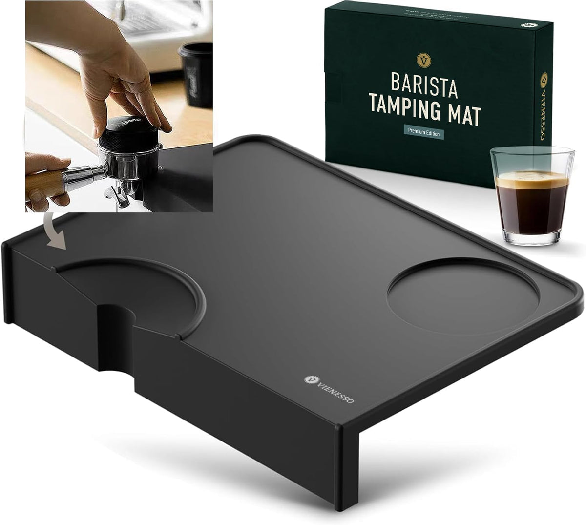 Espresso Tamping Mat, Non-Slip Silicone Tamper Mat for Espresso Machine &amp; Countertop, Barista Tamping Station Pad with Portafilter Notch &amp; 90° Counter Edge, fits 51-58.5mm