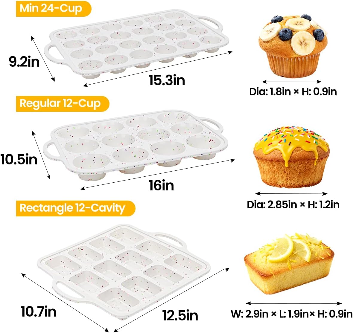 CAKETIME Metal Reinforced Bakeware Set, Silicone Muffin Pans for Baking Nonstick with Handle,12 &amp; 24 Cup Muffin Pans and 12-Cup Mini Loaf Pan, BPA Free