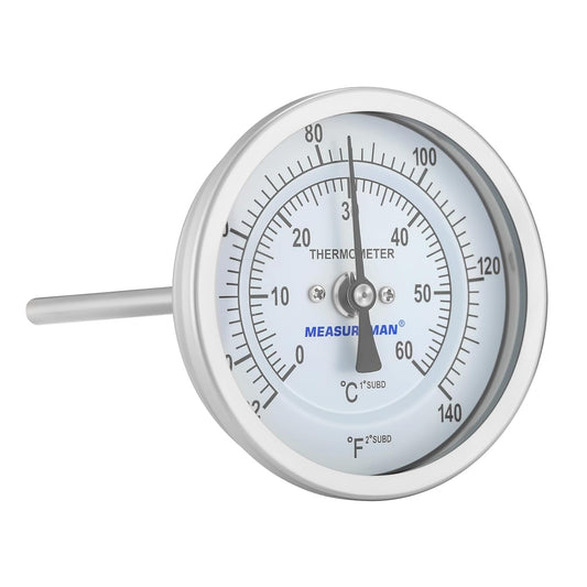 MEASUREMAN Homebrew Bi-Metal Thermometer, 3" Dial, 6" Lead-Free Brass Stem, Range 32-140 deg F/0-60 deg C, 2% Accuracy,