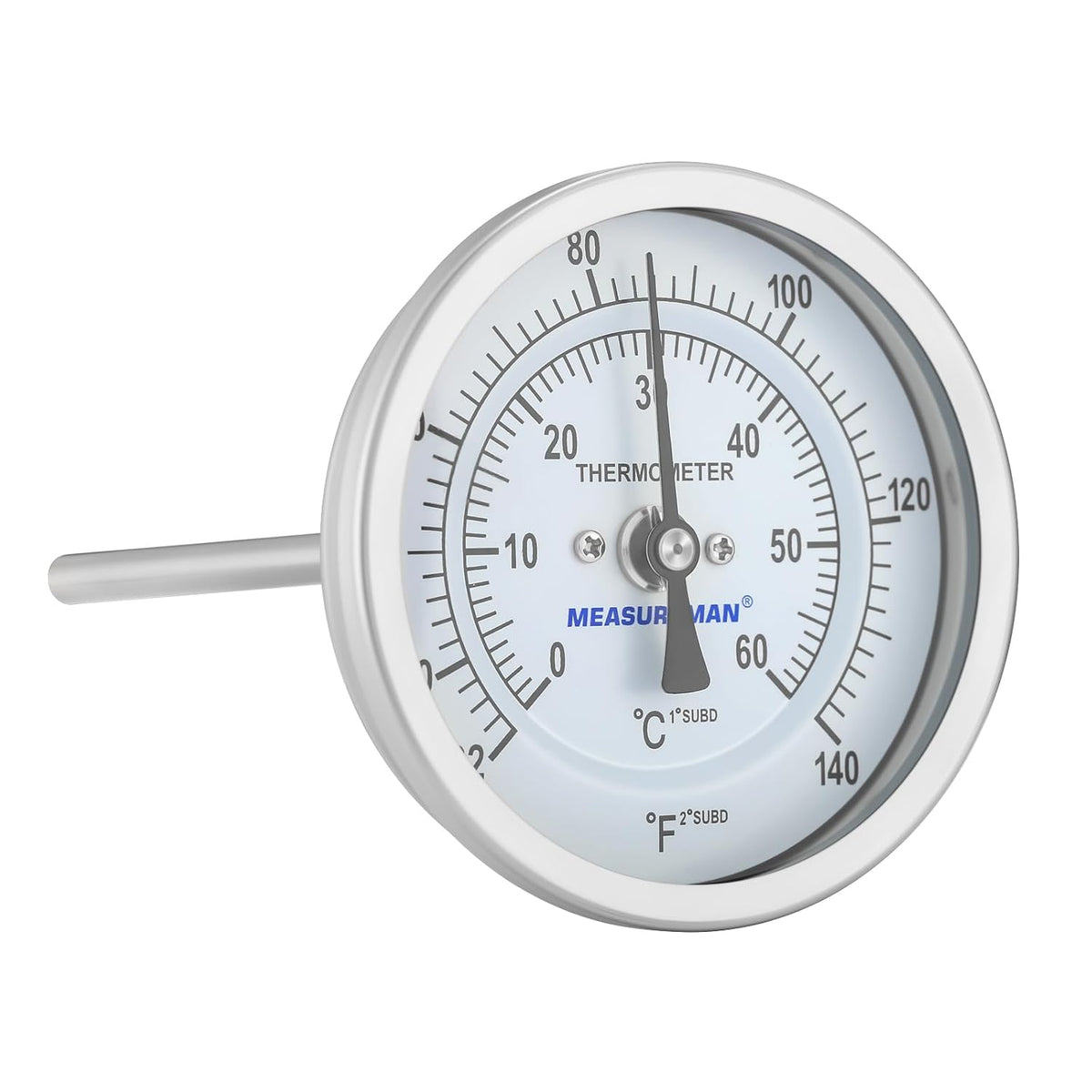 Measureman Fully Stainless Steel Bi-Metal Dial Thermometer, 3" Dial, 6" Stem, 32-140 deg F/0-60 deg C, +/-1% Accuracy, Adjustable, 1/2" NPT Back Mount