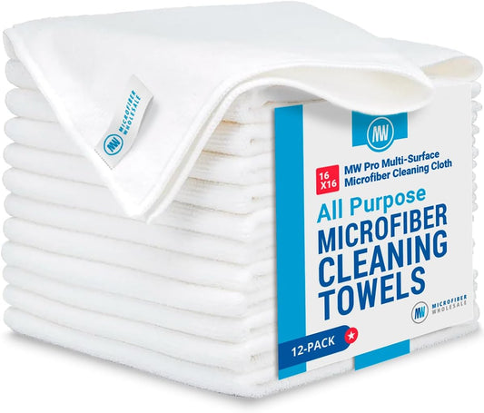 MW Pro Microfiber Cleaning Cloth | White (12 Pack) | Size 16" x 16" | All Purpose Microfiber Towels - Clean, Dust, Polish,