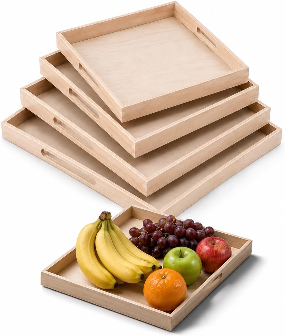 Hammont Wooden Square Trays - Five Piece Nested Serving &amp; Organizing Trays - Rustic Brown Solid Wood - Set of 5 (16x16x1.5", 15.3x15.3x1.5", 14.5x14.5x1.4", 13.75x13.75x1.25", 13x13x1.1")