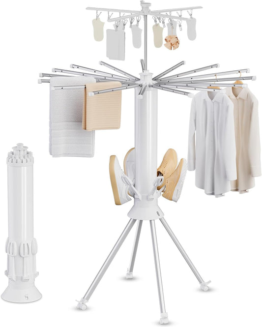 Clothes Drying Rack Foldable, 4-Legged Portable Drying Rack Clothing with 20 Clips, Shoe Dryer Rack, Outdoor Laundry Drying