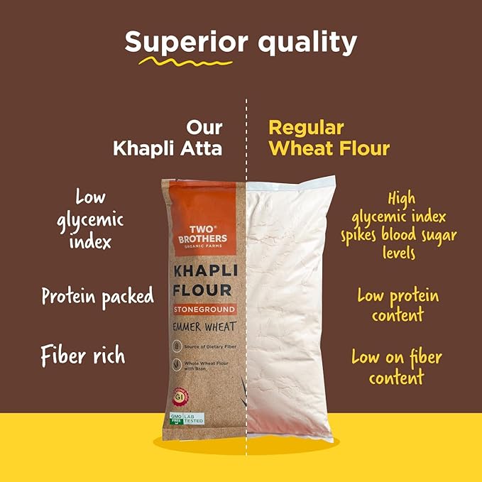 Two Brothers Organic Farms - Khapli Wheat Flour (5kg) | Low-Gluten Wheat Flour | High Dietary Fiber for Easy Digestion | Stoneground Emmer | Khapli Atta | Organic Atta (Pack of 1 kg x 5)