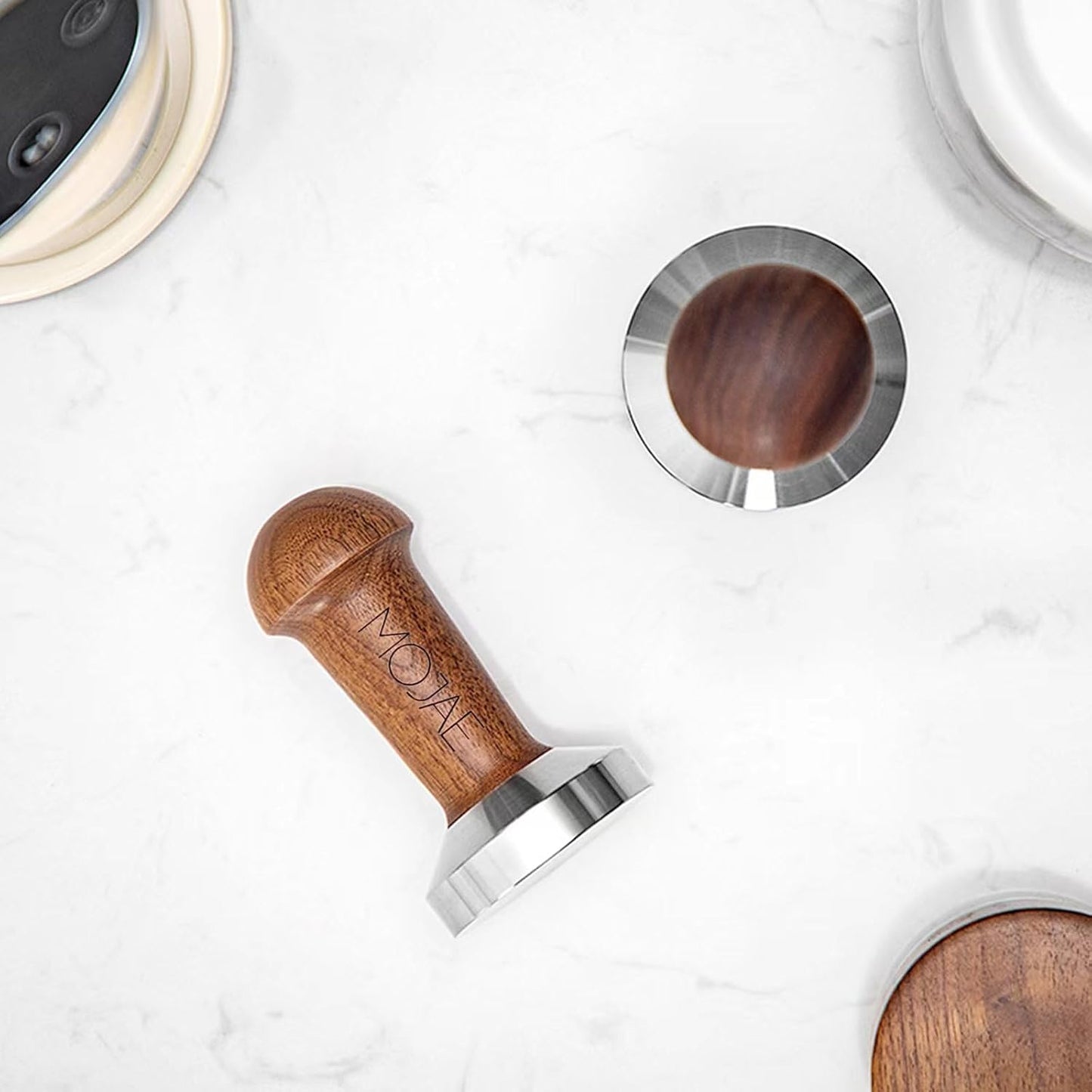 MOJAE 53mm Espresso Tamper, Coffe Tamper, Espresso Press Tool with 304 Stainless Steel Flat Base and Walnut Wooden Handle for Barista Espresso Machines, Fits for Breville Series 54mm Portafilter