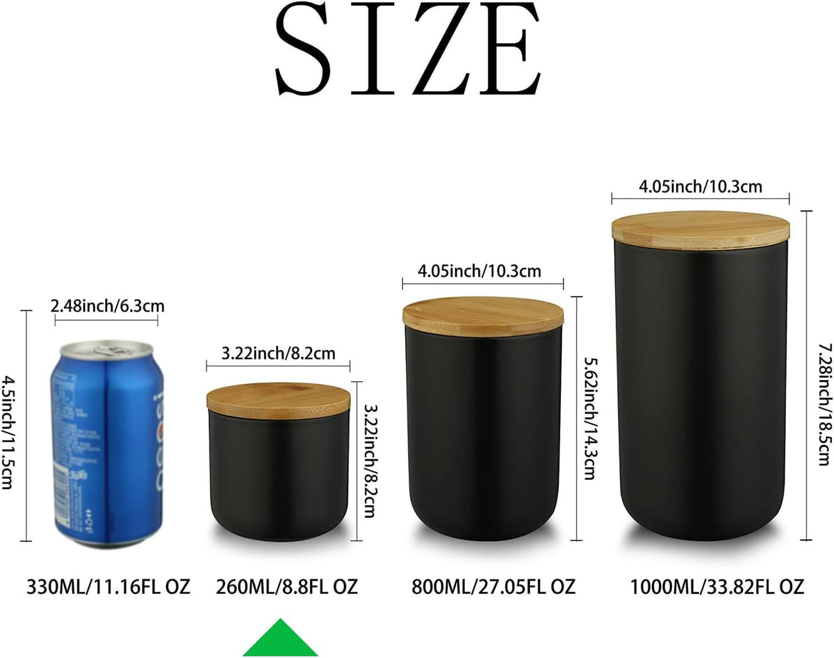 Ceramic Food Storage Jar Canister Modern Design Food Canisters with Airtight Seal Bamboo Lid,Loose Tea Coffee Spice Nuts Snacks Seasonings Storage Jar Canister Caddy (black 7.03oz/200ml)