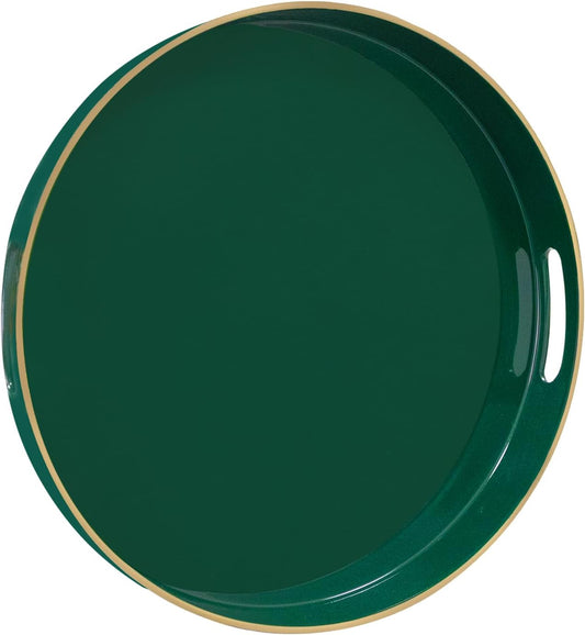MAONAME Dark Green Decorative Tray, 13" Round Serving Tray with Handles, Plastic Trays for Coffee Table, Modern Ottoman