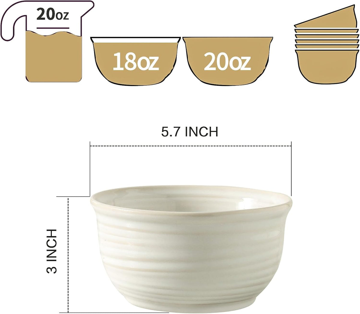 Ceramic Soup Bowls Set of 6, 20 Ounce Deep Creamy White Cereal Bowls, Microwave &amp; Dishwasher Safe, Perfect for Oatmeal, Pasta, Salad, Dessert &amp; Breakfast