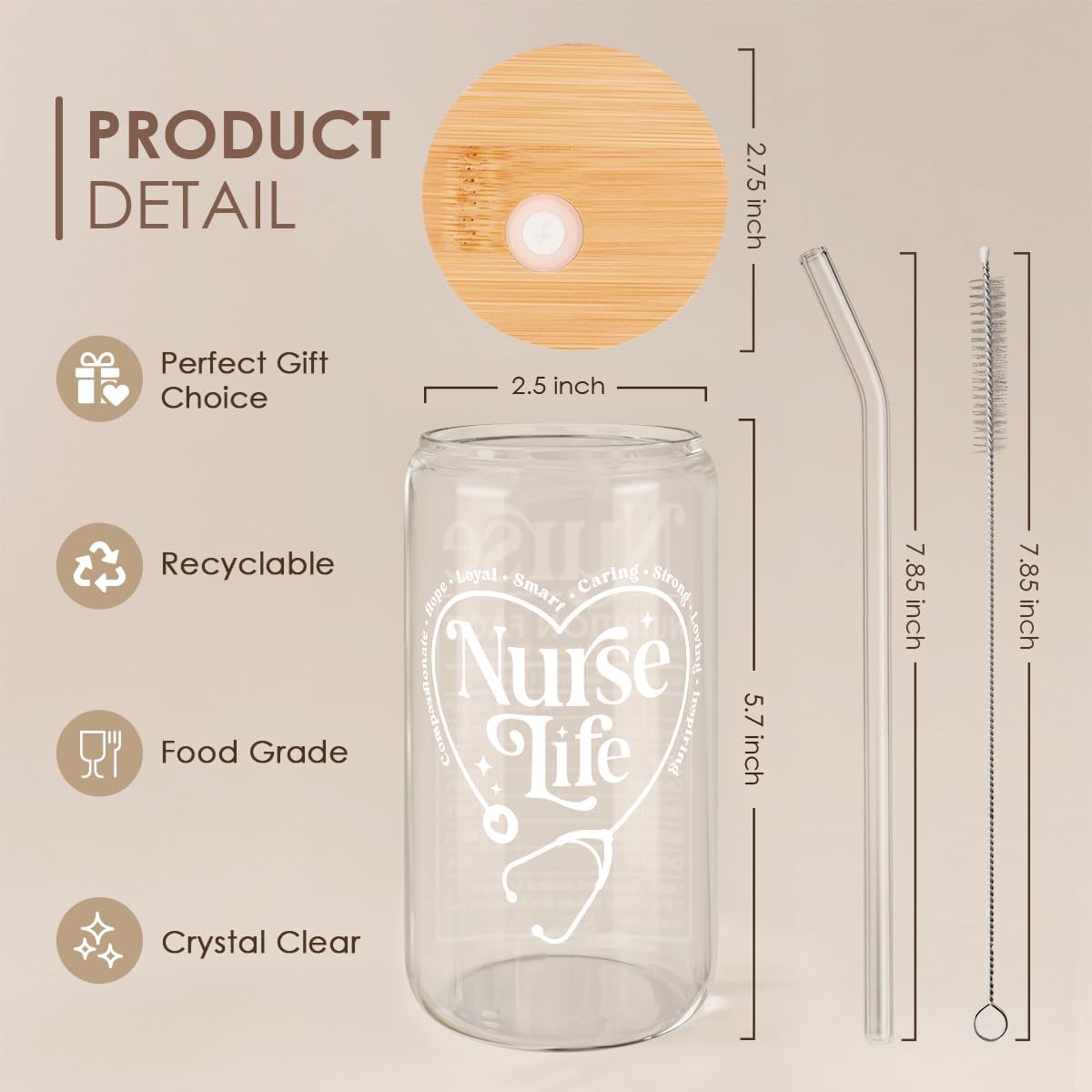 SANDJEST Nurse Life Glass Can Cup with Lid &amp; Straw, Iced Coffee Aesthetic Cups, Idea Gift for Christmas Birthday Mother Day Nurse Week, Gifts for Women Friends, 16oz