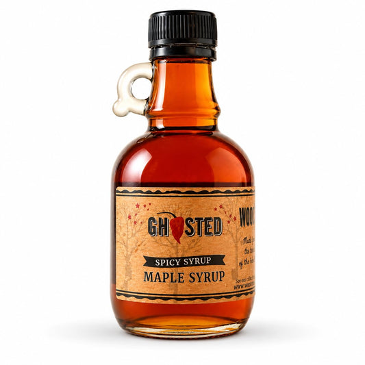 WOOD'S “Ghosted” Maple Syrup – Ghost Pepper Infused | Sweet &amp; Spicy Flavor Fusion | Small-Batch Vermont Syrup with Real Ghost Pepper Extract | Vegan, Natural, Eco-Friendly | Great for Cocktails, BBQ, Glazes &amp; More |8.45 Fl Oz (250mL)