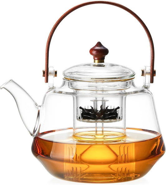 40oz Glass Teapot with Anti-Drip Spout, Peach Wood Handle and Lid, Heat-Resistant Borosilicate Glass, Dual Infusers for