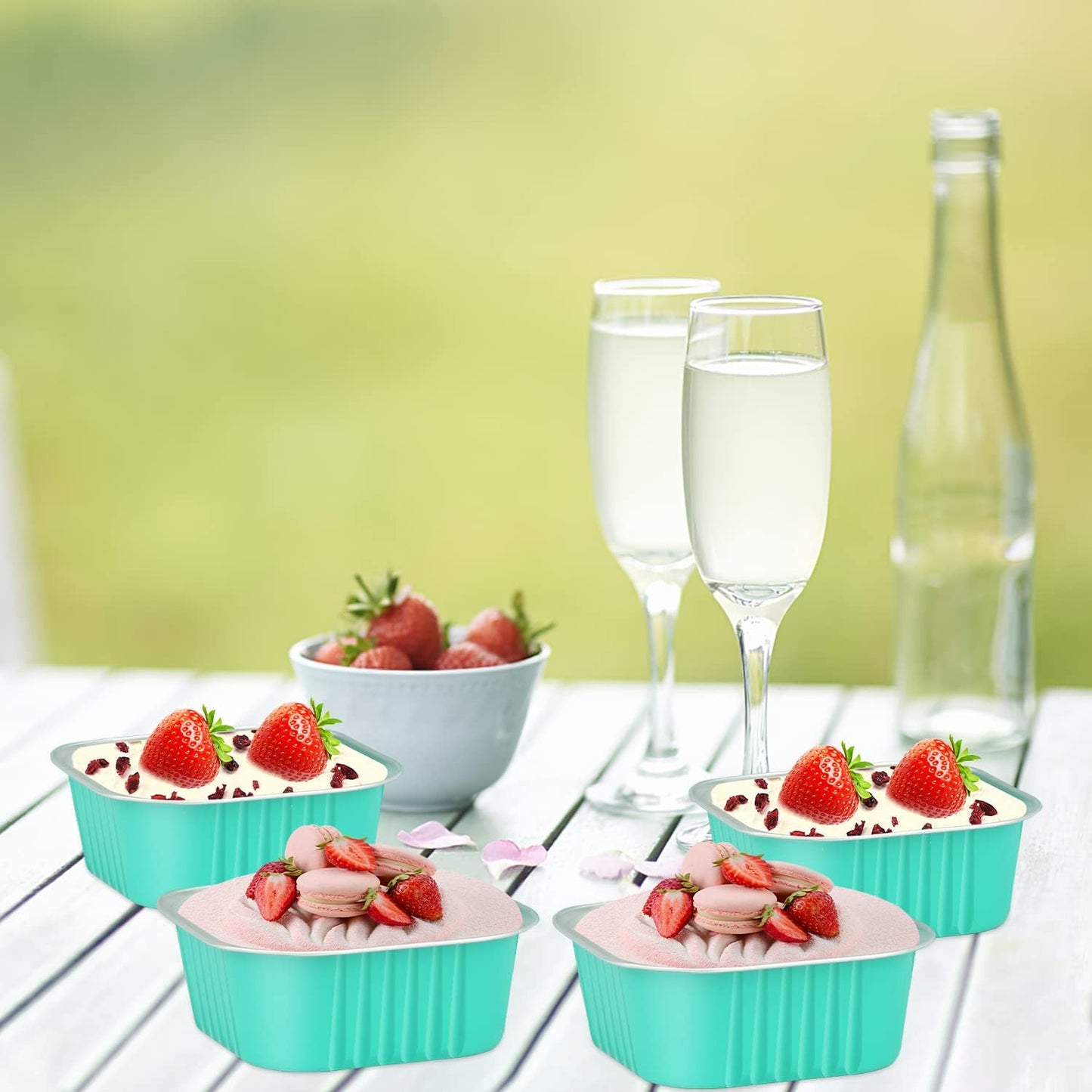 LNYZQUS 120 Pack 10oz Mini Cake Pans with Lids and Spoons for Bake Sales | Disposable, 4x4 Square Baking Tins, Individual Cinnamon Roll Containers, Small Foil Dessert Cups for Farm Stand, Blue