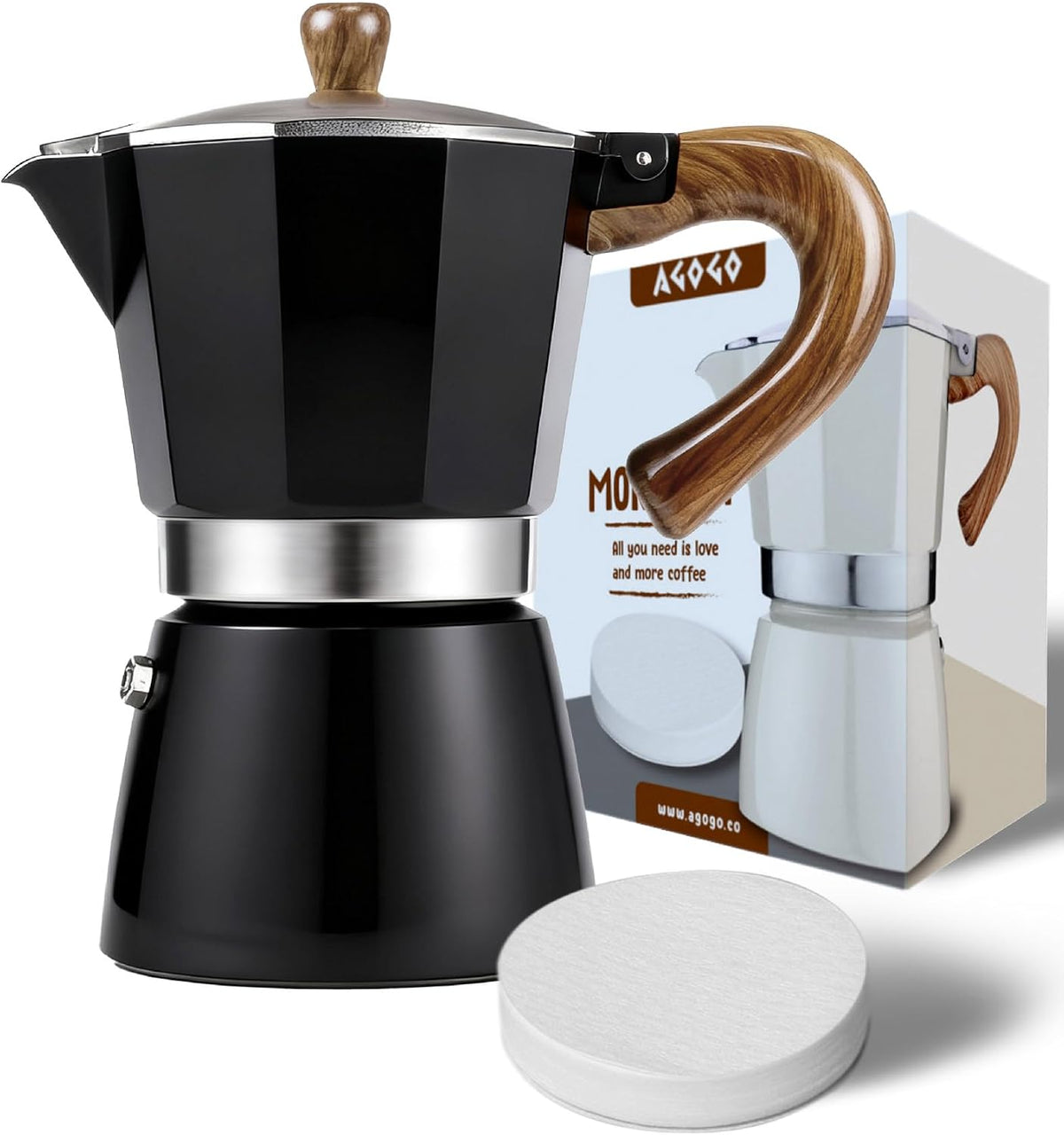 AGOGO Moka Pot Stovetop Espresso Set &amp; Cuban Coffee Maker 6-Cup/300ml Black | Upgraded anti-snap grip, Home &amp; camping greca percolator, 100 filters for sediment-free brew, Brush &amp; towel gift set