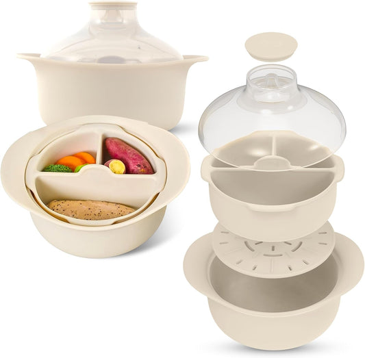 48oz Platinum Silicone 3 Compartmented Microwave Steamer Pot with Handle &amp; Lid - Korean 100% Food-Grade Steamer Bowl, Heat-Resistant Cooker with Steam Holes, Easy Clean, Dishwasher Safe, Ivory