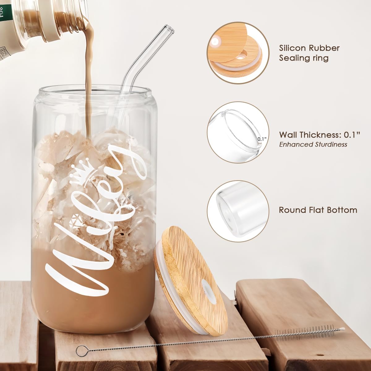 SANDJEST Wife Glass Can, Wifey Cup with Lid &amp; Straw, Iced Coffee Aesthetic Cups, Idea Gift for Christmas Marriage Birthday Anniversary Valentine, Gifts for Women, 16oz
