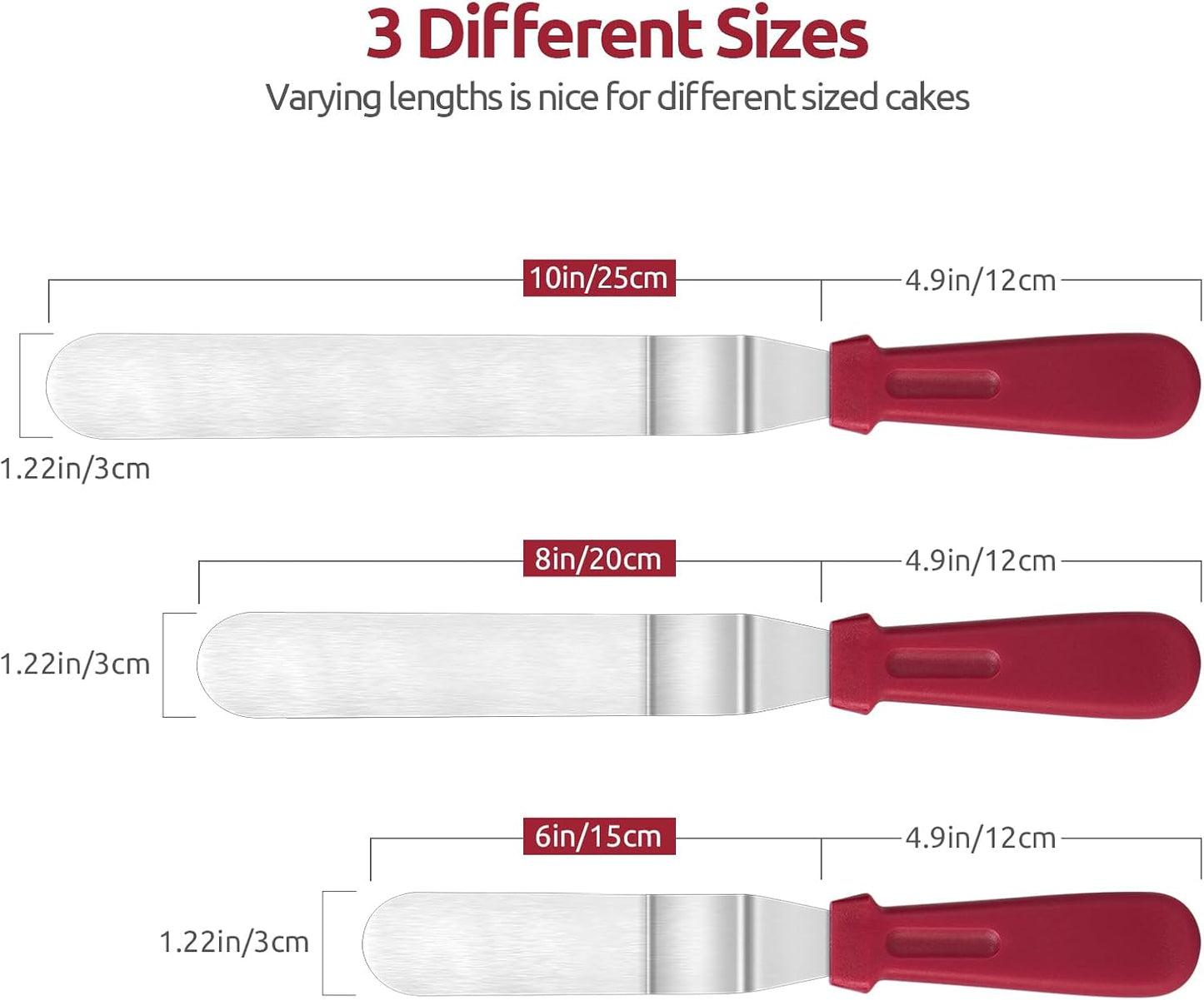 U-Taste Offset Icing Spatula Set, Cake Frosting Spreader, 6/8/10in, Red | Stainless Steel Blade with PP Plastic Handle, Metal Baking Spatula for Cake Decorating, Angled Frosting Knife Baking Supplies