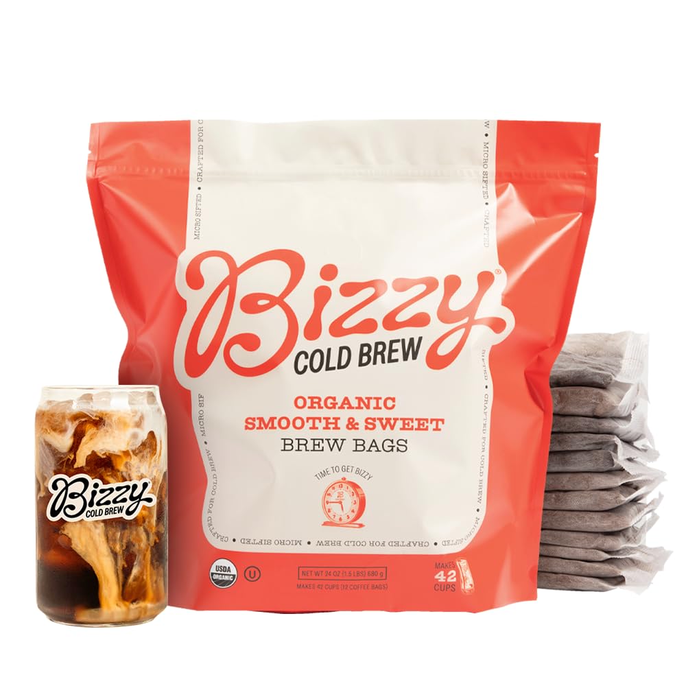 Bizzy Organic Cold Brew Coffee, Smooth &amp; Sweet Blend, Brew Bags, 12 ct | Coarse Ground Coffee in Brew Bags for Cold Brew, Medium Roast, Micro Sifted, Specialty Grade, 100% Arabica, Makes 42 Cups