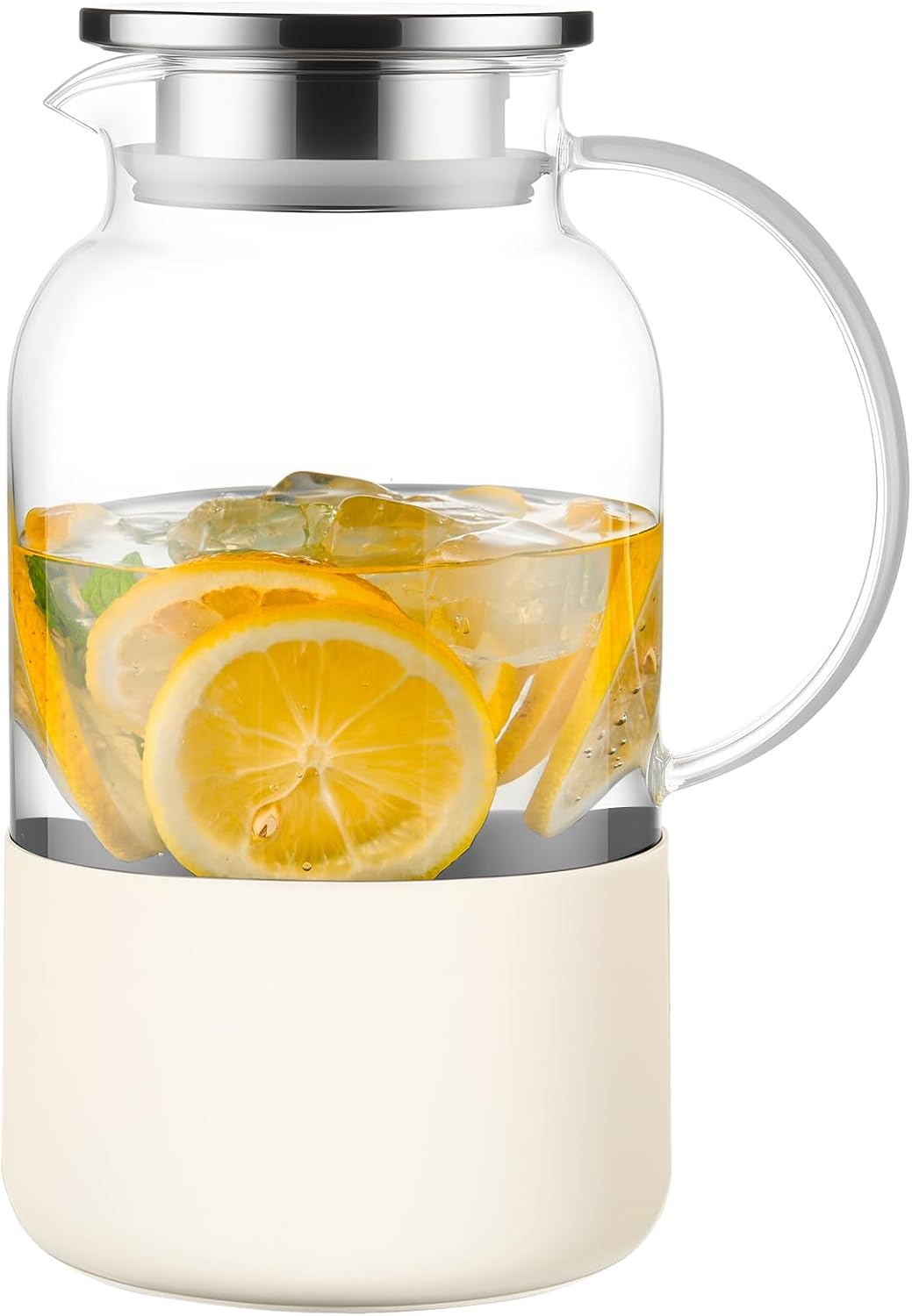 PARACITY Glass Pitcher with Lid, 61 oz Glass Water Pitcher, Off-White Base | Glass carafe with lid; silicone base for hot or cold coffee, lemonade and milk, serves as a juice pitcher or water jug