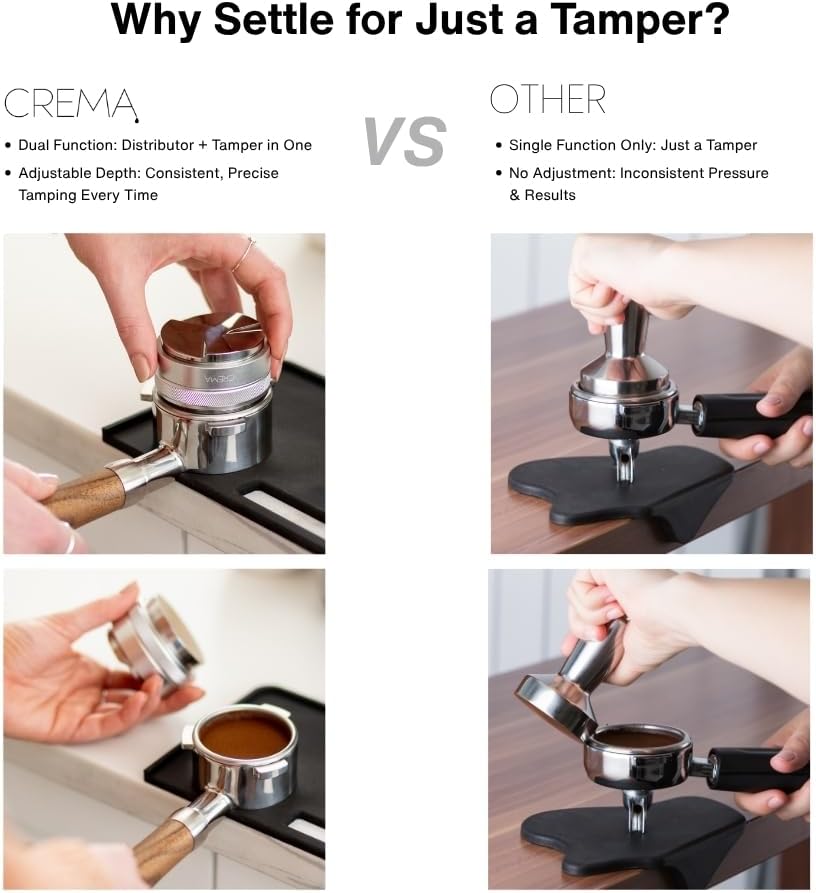 CREMA Coffee Products 58.5mm Hand Tamper &amp; Distributor | Compatible with any 58mm | Double-Sided, Adjustable Depth Tool | Made with Durable 304 Stainless Steel | Black