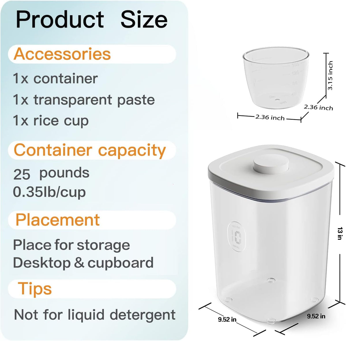 20-25 lbs Rice Dispenser,10.5 Qt/10 L/22-25 lbs Rice Container Storage with Measuring Cup &amp; Brush Food Cereal Container Bins Household for Kitchen Pantry Organization (AY-10KG-WHITE)