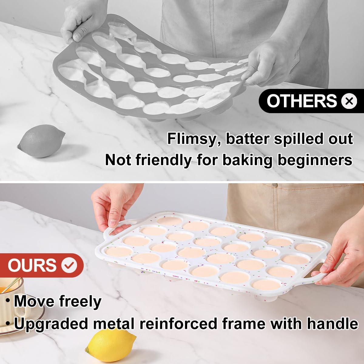 CAKETIME Mini Muffin Pan, Metal Reinforced Frame Mini Cupcake Pans 24 Cups Nonstick Muffin Silicone Molds with Handle for Baking Muffins, Cupcakes, Egg Bites 2 Pack