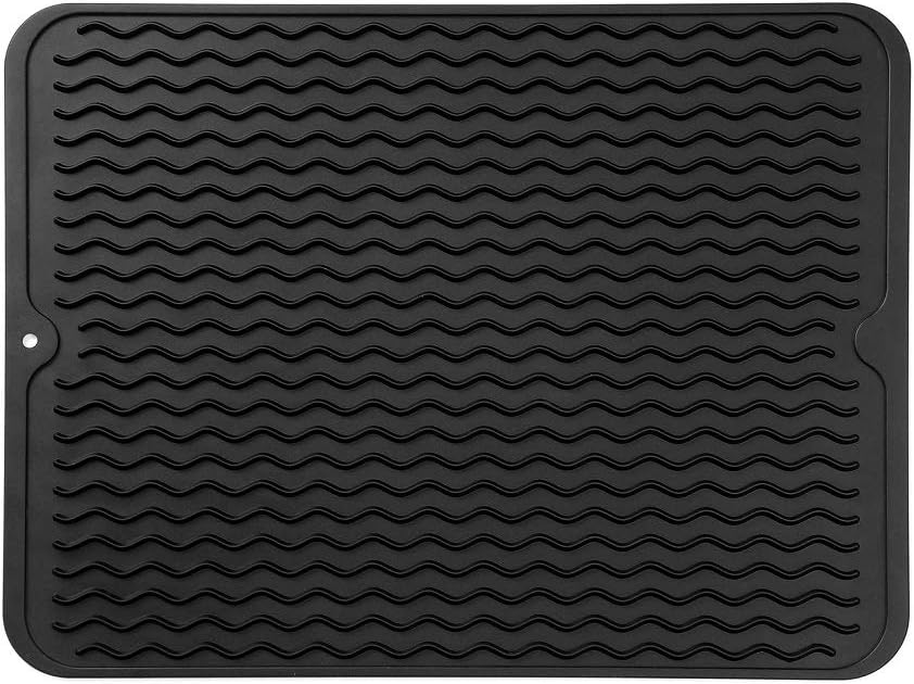 Silicone Dish Drying Mat for Multiple Usage,Easy clean,Eco-friendly,Heat-resistant Silicone Mat for Kitchen Counter or Sink,Refrigerator or drawer liner Black L 16 inches x 12 inches