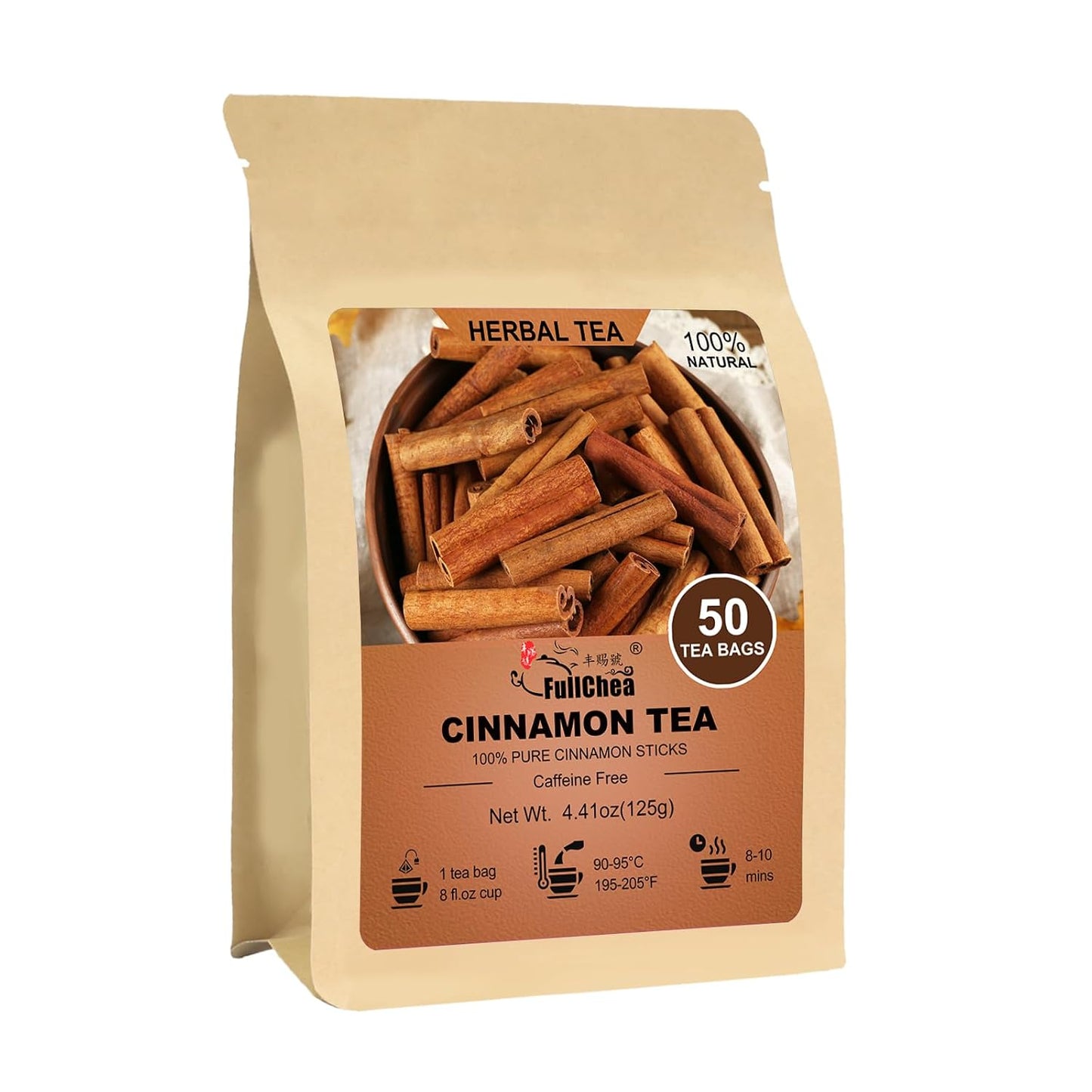 FullChea - Cinnamon Tea Bags, 50 Count, Cinnamon Stick Tea | Non-GMO and caffeine-free, warm spice flavor for relaxation and better sleep routines