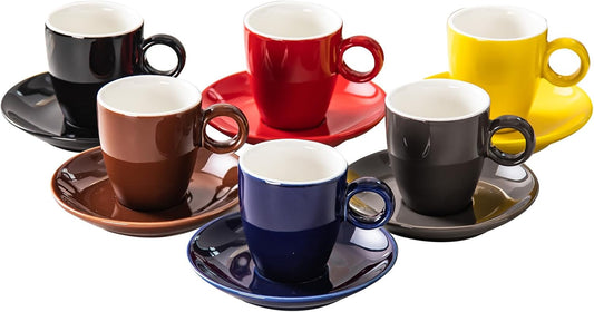 2.5oz Espresso Cups with Saucers Set, Colorful Coffee Cups Set, Ceramics Tea Cup with Handle, Coffee Mugs Set of 6, Assorted
