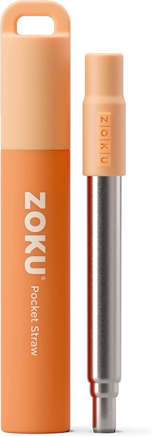 Zoku Reusable Metal Straw with Case, Collapsible Travel Straw - Orange | Collapsible Stainless Steel Drinking Straw with Silicone Tip and Cleaner Brush, Ideal for Key Chains, Pockets, Purses